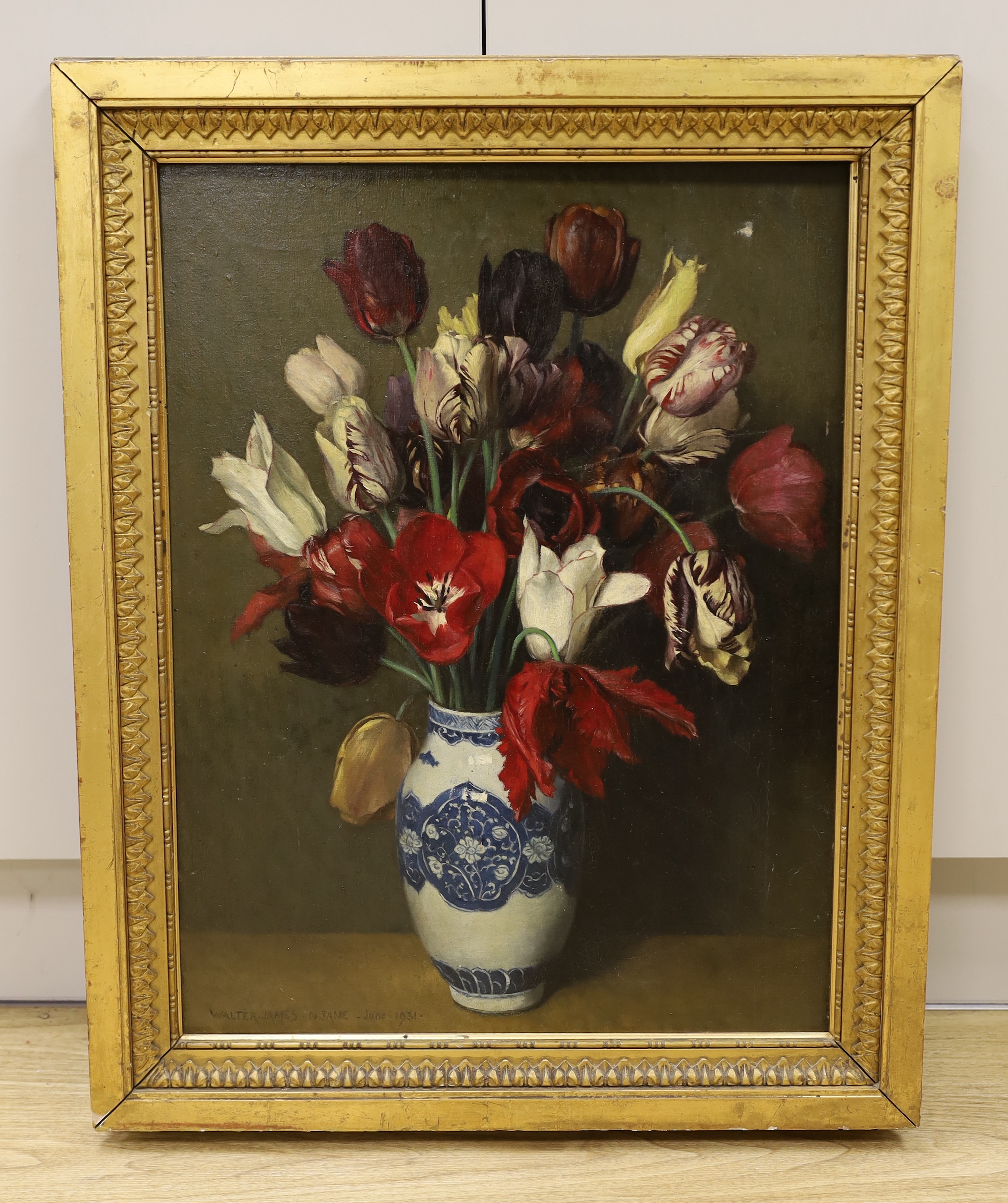 The Hon. Walter John James RBA (1869-1932), oil on canvas, Still life of tulips in a vase, signed and dated June 1931, 59 x 45cm